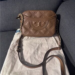 Tory Burch Quilted Brown Leather Crossbody Bag with Chain Strap